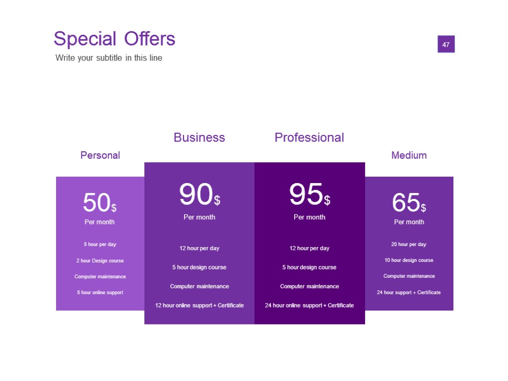 Special Offers 01 47 Write your subtitle in this line Personal Business Professional Medium